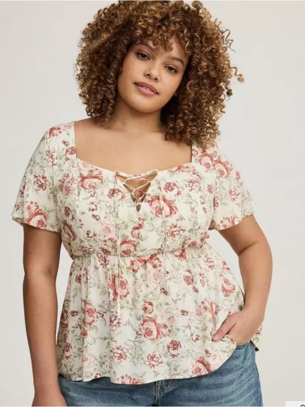 Torrid Babydoll Lace Up Floral Blouse Flutter Sleeves Size 0X Feminine Coquette